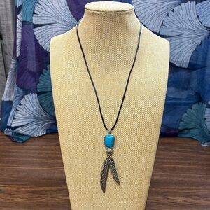 Turquoise and Silver Tone Feather Pendant Necklace